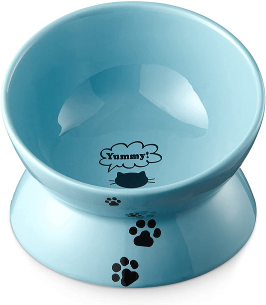 Elevated Ceramic Cat Food Bowl with Tilted Design for Spine Protection, Anti-Vomiting Features, and Backflow Prevention in Lake Blue