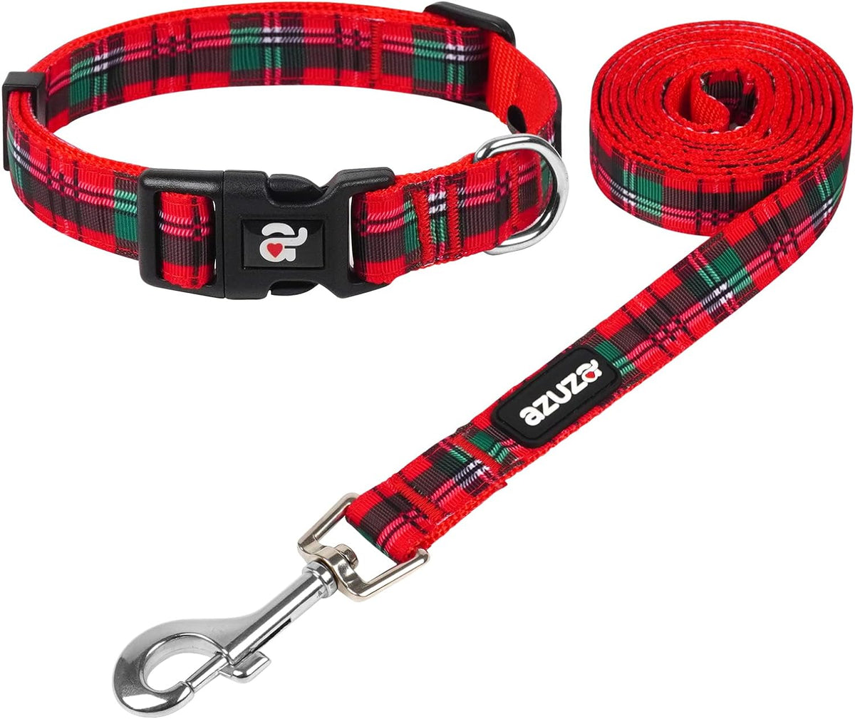 Buffalo Plaid Christmas Dog Collar and Leash Set for Small Dogs - Ideal for Holidays and Everyday Use