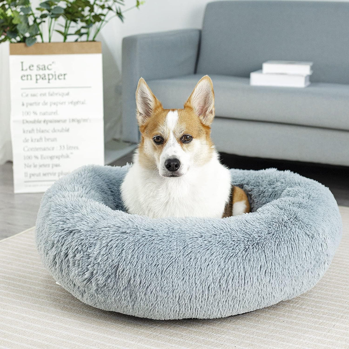 Anti-Anxiety Round Fluffy Plush Faux Fur Washable Dog and Cat Bed for Small, Medium, and Large Pets, Designed to Relieve Joint Discomfort and Enhance Sleep Quality (20", Light Grey)