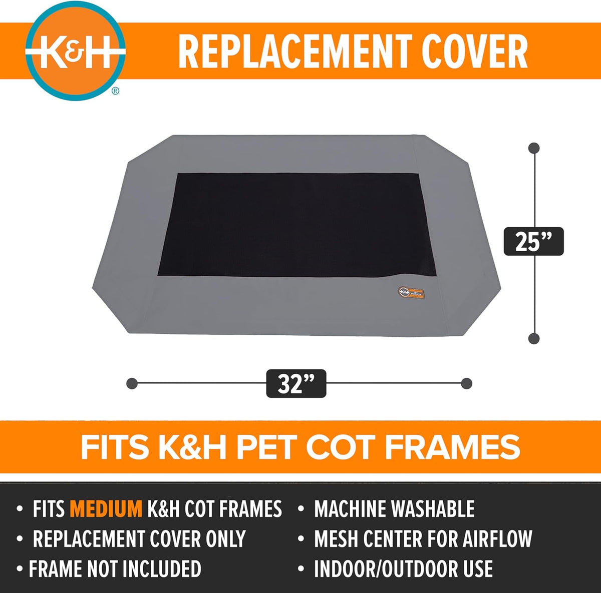 Original Pet Cot Replacement Cover (Cot Sold Separately) - Gray/Black Mesh, Medium 25 X 32 Inches