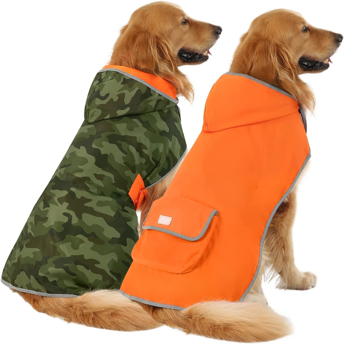 Reversible 2-in-1 Hooded Dog Raincoat Poncho - Organic Camouflage, Size Large