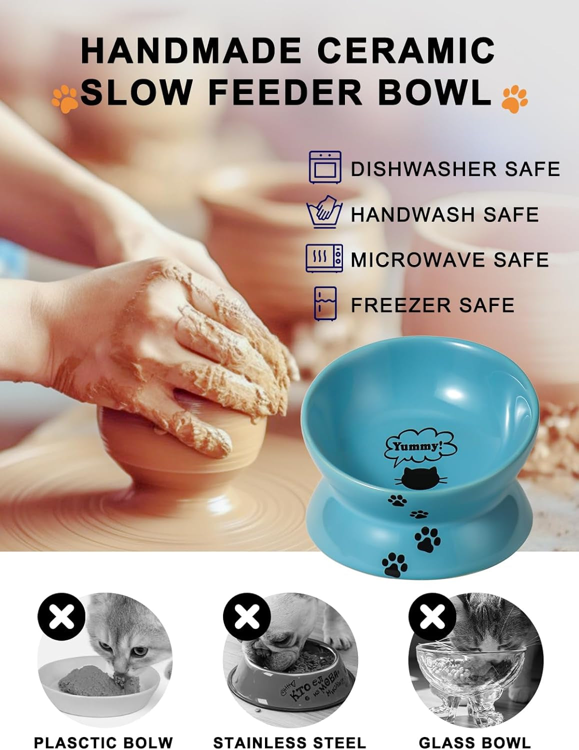 Elevated Ceramic Cat Food Bowl with Tilted Design for Spine Protection, Anti-Vomiting Features, and Backflow Prevention in Lake Blue