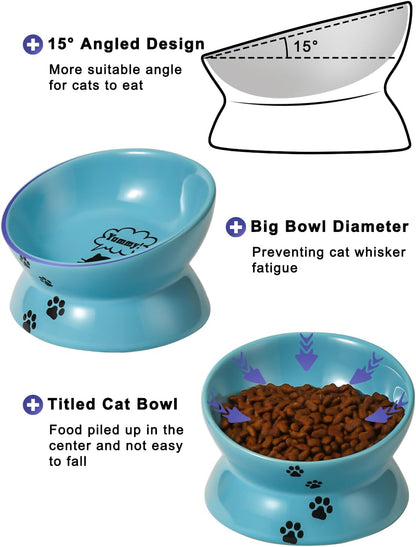 Elevated Ceramic Cat Food Bowl with Tilted Design for Spine Protection, Anti-Vomiting Features, and Backflow Prevention in Lake Blue