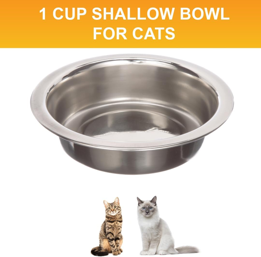 Set of 2 Neater Feeder Replacement Shallow Stainless Steel Cat Bowls (1 Cup/8 Oz.), Whisker-Friendly Metal Dishes for Food and Water, Dishwasher Safe