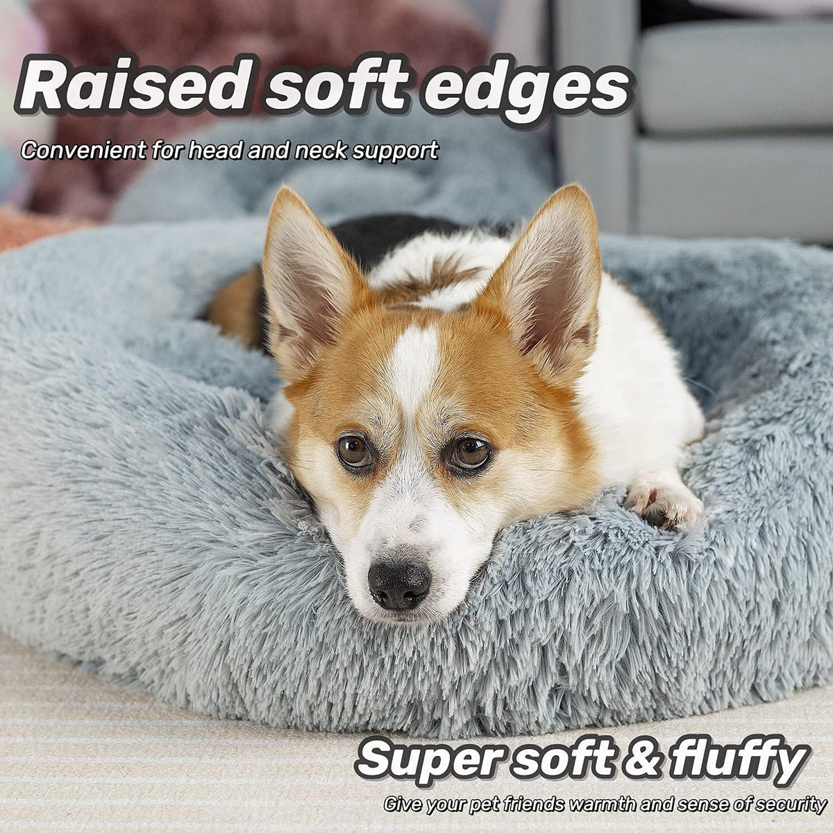 Anti-Anxiety Round Fluffy Plush Faux Fur Washable Dog and Cat Bed for Small, Medium, and Large Pets, Designed to Relieve Joint Discomfort and Enhance Sleep Quality (20", Light Grey)