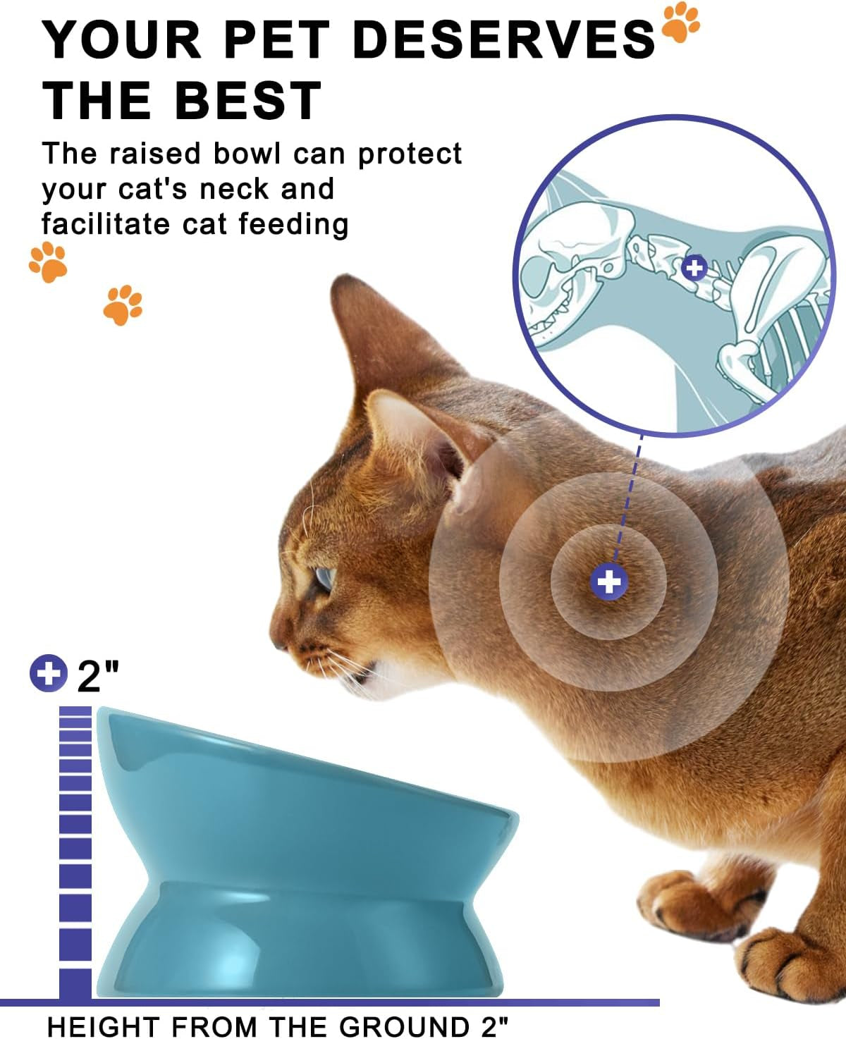 Elevated Ceramic Cat Food Bowl with Tilted Design for Spine Protection, Anti-Vomiting Features, and Backflow Prevention in Lake Blue