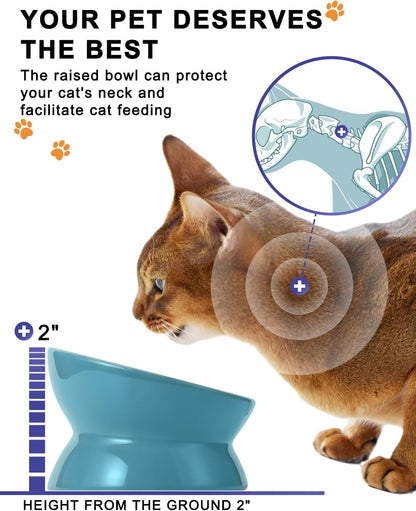 Elevated Ceramic Cat Food Bowl with Tilted Design for Spine Protection, Anti-Vomiting Features, and Backflow Prevention in Lake Blue