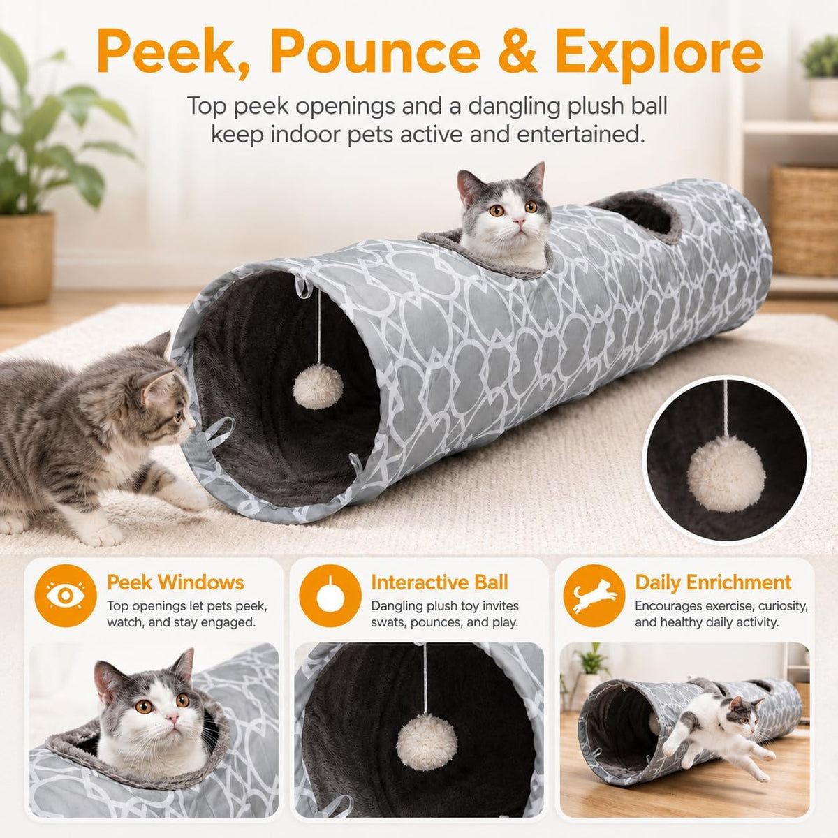 Plush inside Straight Cat Tunnel Geometric, Diameter 9.8 Inch