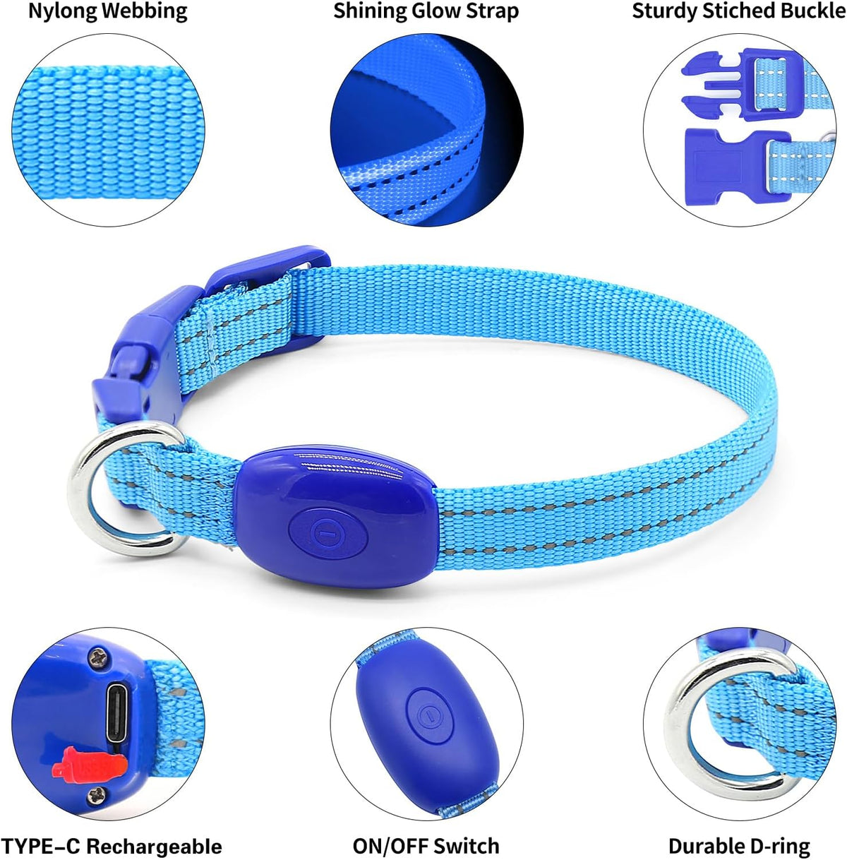 Reflective LED Rechargeable Dog Collar for Small Dogs and Cats - Royal Blue Safety Light for Night Walking