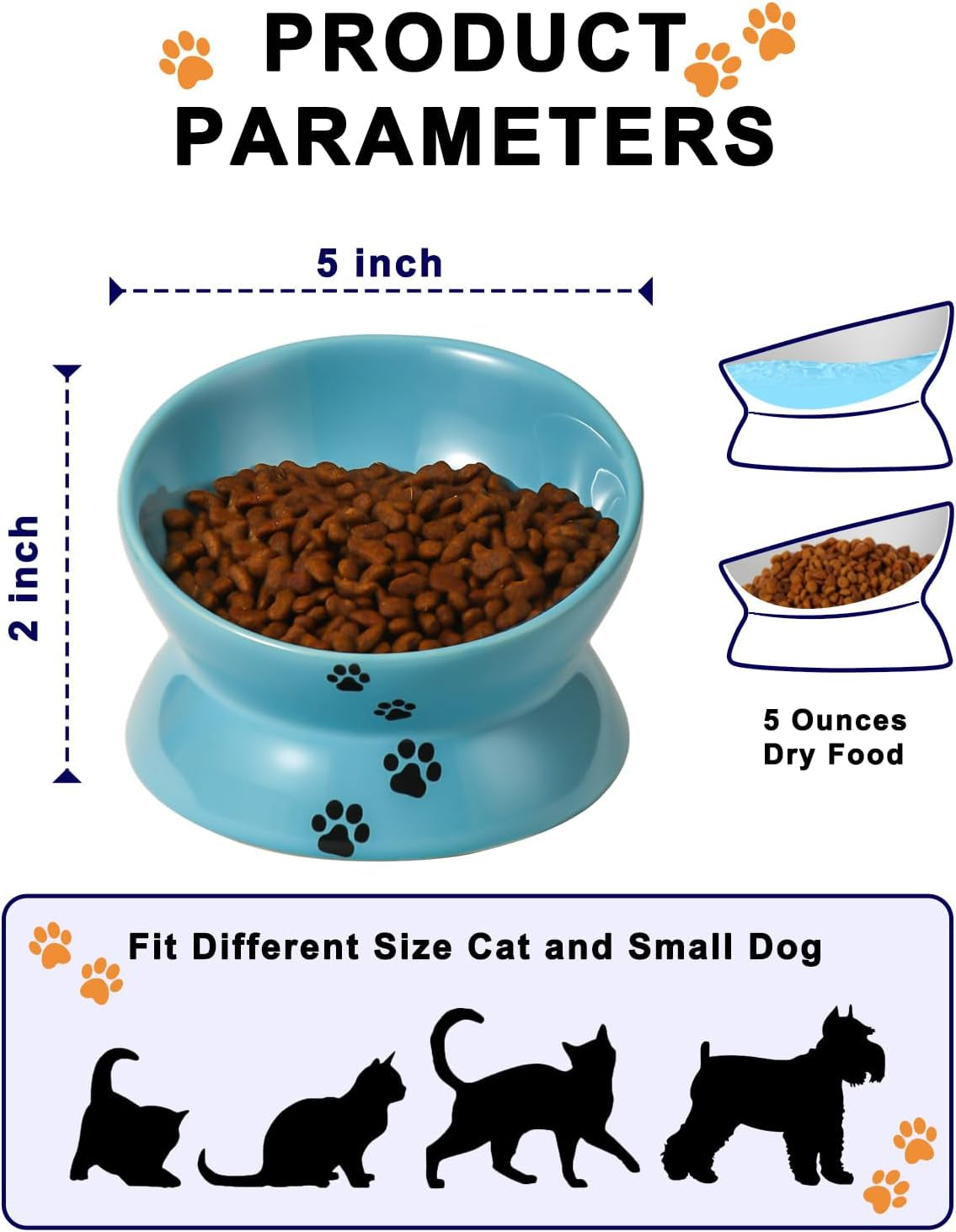 Elevated Ceramic Cat Food Bowl with Tilted Design for Spine Protection, Anti-Vomiting Features, and Backflow Prevention in Lake Blue