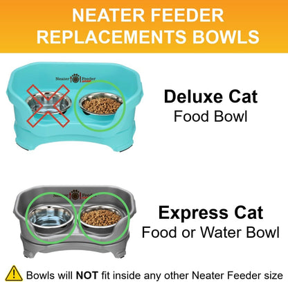 Set of 2 Neater Feeder Replacement Shallow Stainless Steel Cat Bowls (1 Cup/8 Oz.), Whisker-Friendly Metal Dishes for Food and Water, Dishwasher Safe