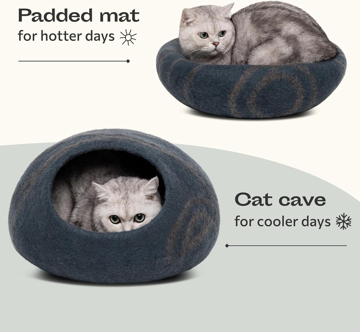 Natural Wool Cat Cave – Self-Warming Hideaway for Indoor Cats and Kittens