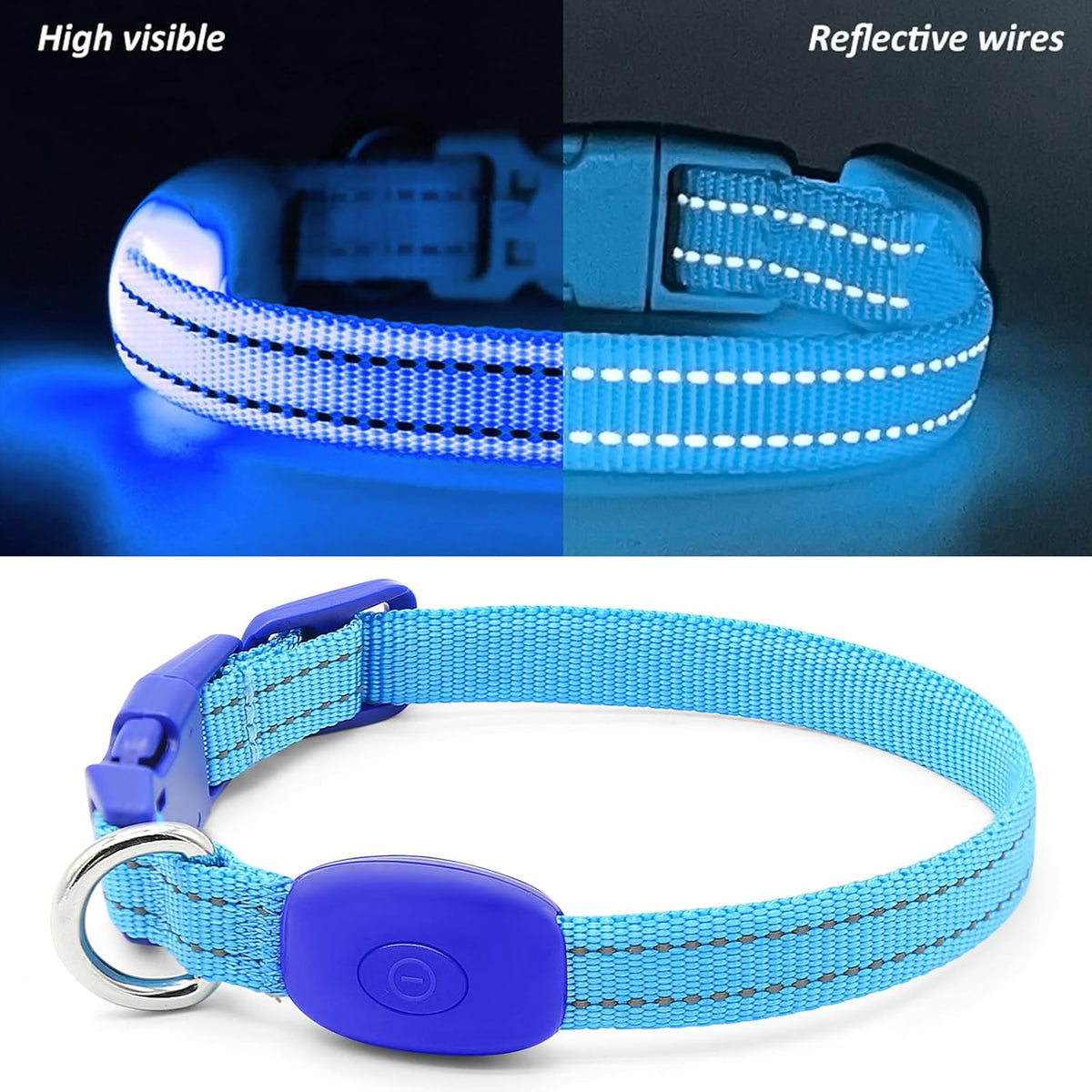 Reflective LED Rechargeable Dog Collar for Small Dogs and Cats - Royal Blue Safety Light for Night Walking