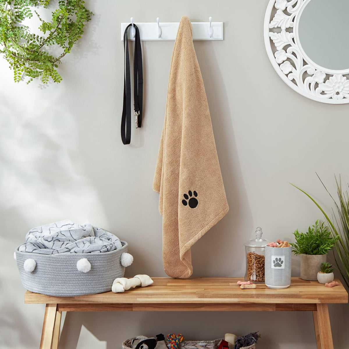 Pet Grooming Towel Collection Absorbent Microfiber X-Large, 41X23.5", Embroidered Taupe