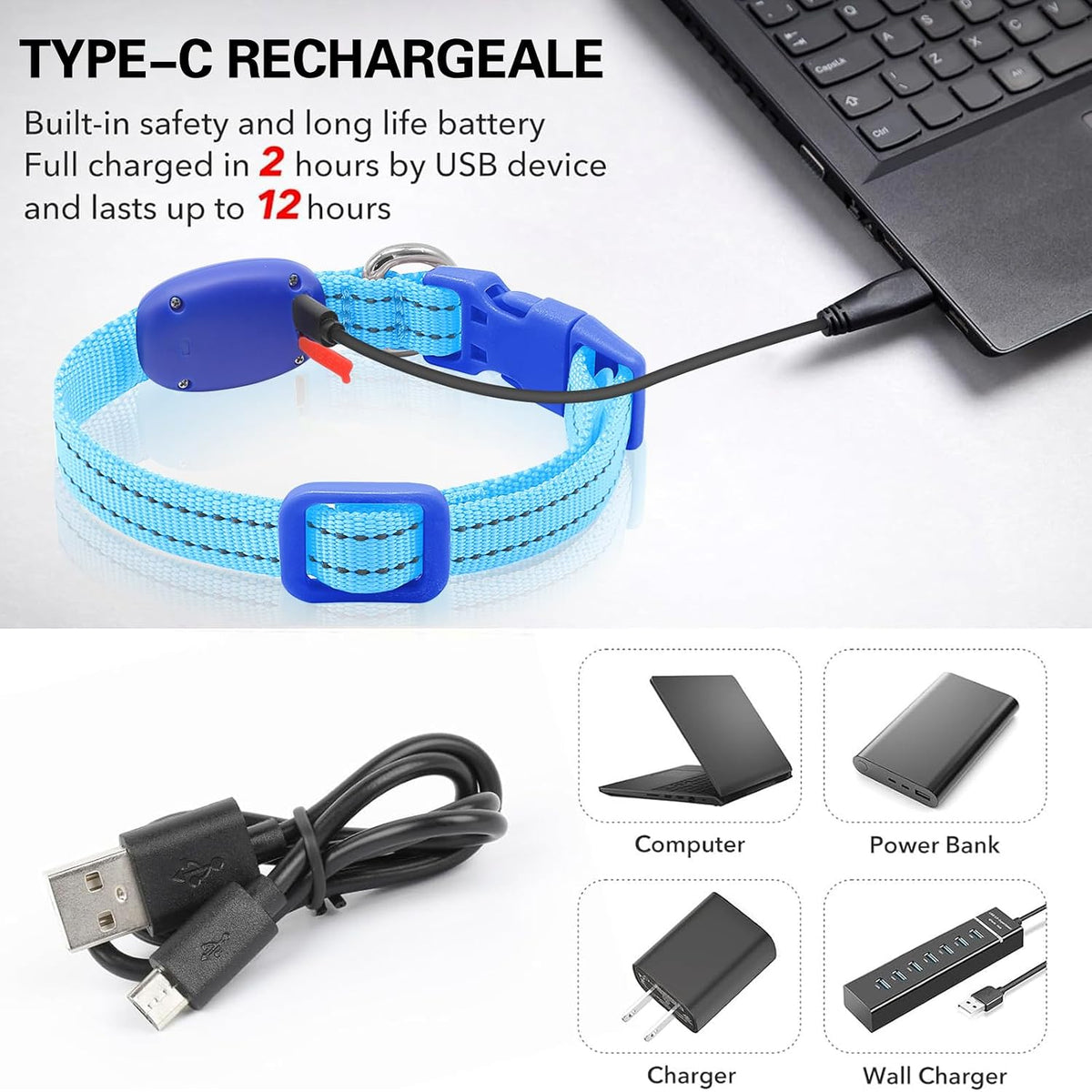 Reflective LED Rechargeable Dog Collar for Small Dogs and Cats - Royal Blue Safety Light for Night Walking