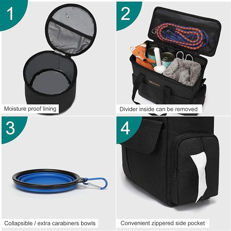 Premium Weekend Dog Travel Bag Set with Two Food Bags, Two Bowls, and Mat in Black