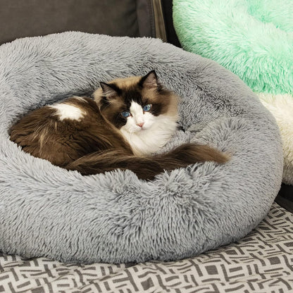 Anti-Anxiety Round Fluffy Plush Faux Fur Washable Dog and Cat Bed for Small, Medium, and Large Pets, Designed to Relieve Joint Discomfort and Enhance Sleep Quality (20", Light Grey)